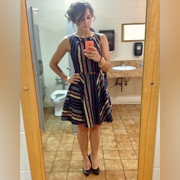 Closet Multicolor Striped Fit and Flare Dress with Belt - Picture 2 of 5